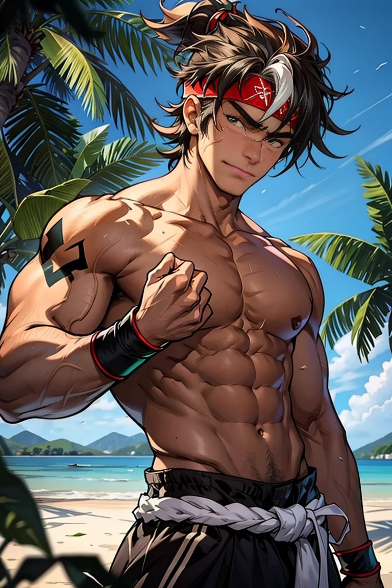 (Masterpiece, Best quality 16 year old boy，Shota), solo, Young, boy, Dark Short hair, full bodyesbian, Shirtless, babyface, topless, green headband, Vivid colors,(Depth of field:1.2),(Abs), view the viewer, black wristband, closed mouth, serious, topless male, pale tanned skin with tight muscler body, Man with martial arts stance, epic martial arts pose