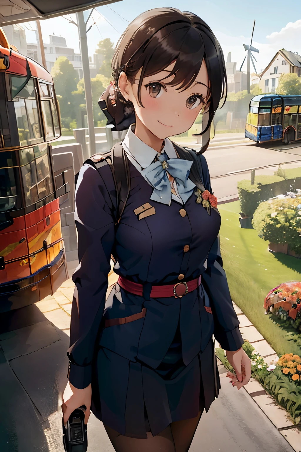 (brown hair:1.2),(hair tied up:1.3),(With bangs:1.25),(brown eyes:1.4),(Eye size:1.5),(Tourist bus guide uniform:1.3),(Cabin attendant or bus guide uniform:1.3),(Dark blue uniform:1.45),(navy long sleeve jacket:1.4),(Under guidance:1.25),(Holding a microphone in hand:1.5),(blush),(cute smile:1.3),(small breasts:1.6),(close up of face:1.5),(A flower garden with windmills visible in the distance:1.5),(Luxurious gate like a garden palace:1.4),(scenery with bus:1.6),(🚌:1.7)