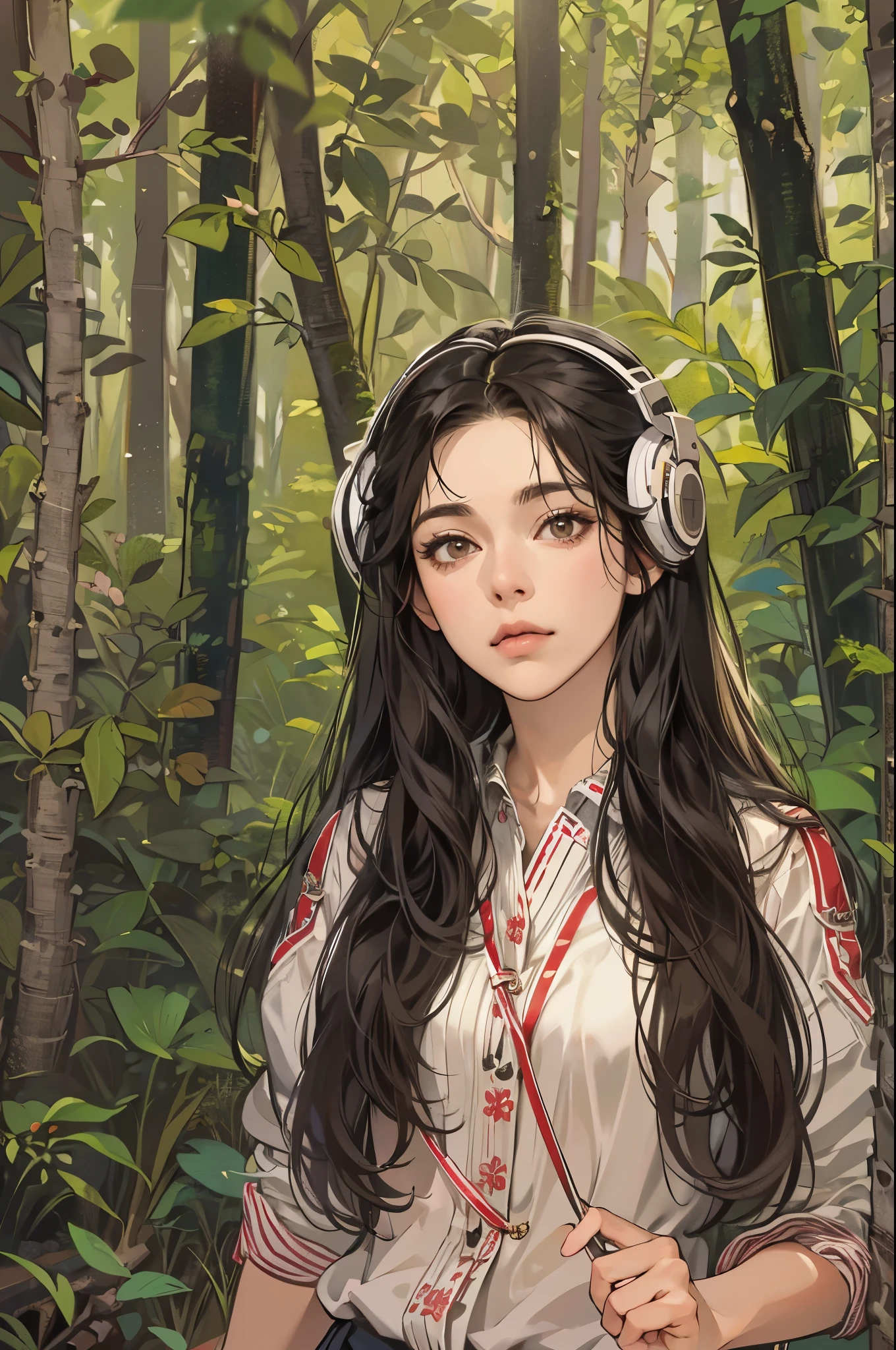 (absurdres, highres, ultra detailed, realistic, ), 1 18year-old,girl, solo, elegance, long black hair, brown eyes, earphone,forest background, ultra - detailed, best quality, Detailed diagram, vectorized, 8K, Graphic design, vector lines, Full-HD,full body