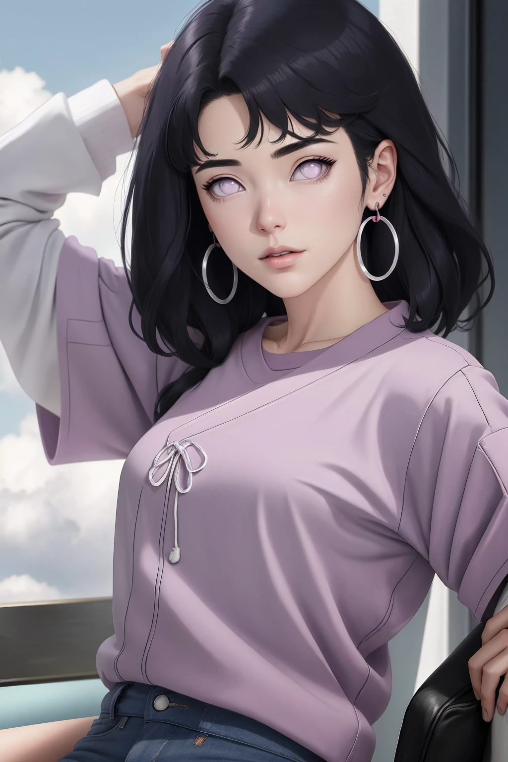 { - anatomy error} (Masterpiece - Ultra-detailed, very high resolution) , absurdos, Hinata\(Boruto\), 1girl, sozinho,Mature female, Capuz roxo,mangas em camadas, jeans, ao ar livre, Cloudy sky, perfect composition, circunstanciado lips, peito grande, beautiful face, body propotion, corar, (pink lips), cabelos pretos curto (black hair), lilac eyes, olhar suave, super realistic, circunstanciado, rosto e corpo realistas, Realistic hair, olhos realistas, nariz realista, realistic lips, with large hoop earrings,  anime. reading, writing, dynamic poses, closed mouth. Different Pose.