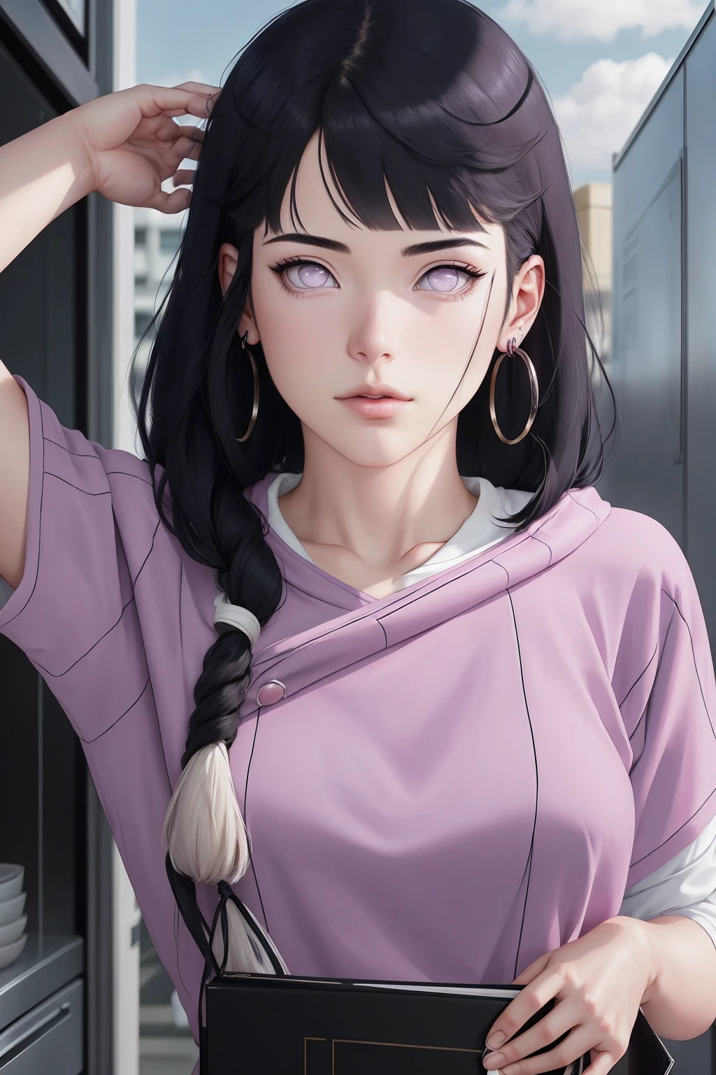 { - anatomy error} (Masterpiece - Ultra-detailed, very high resolution) , absurdos, Hinata\(Boruto\), 1girl, sozinho,Mature female, Capuz roxo,mangas em camadas, jeans, ao ar livre, Cloudy sky, perfect composition, circunstanciado lips, peito grande, beautiful face, body propotion, corar, (pink lips), cabelos pretos curto (black hair), lilac eyes, olhar suave, super realistic, circunstanciado, rosto e corpo realistas, Realistic hair, olhos realistas, nariz realista, realistic lips, with large hoop earrings, anime. reading, writing, dynamic poses, closed mouth. Different Pose.
