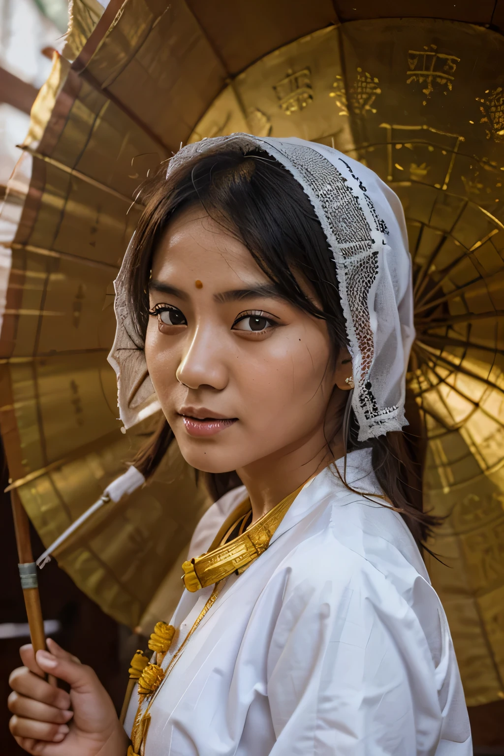 Myanmar girl in shwedagon pagoda, wearing myanmar traditional dress and thanakha with pathein umbrella, UHD, cinematic color, Beautiful portrait, ultra detailed