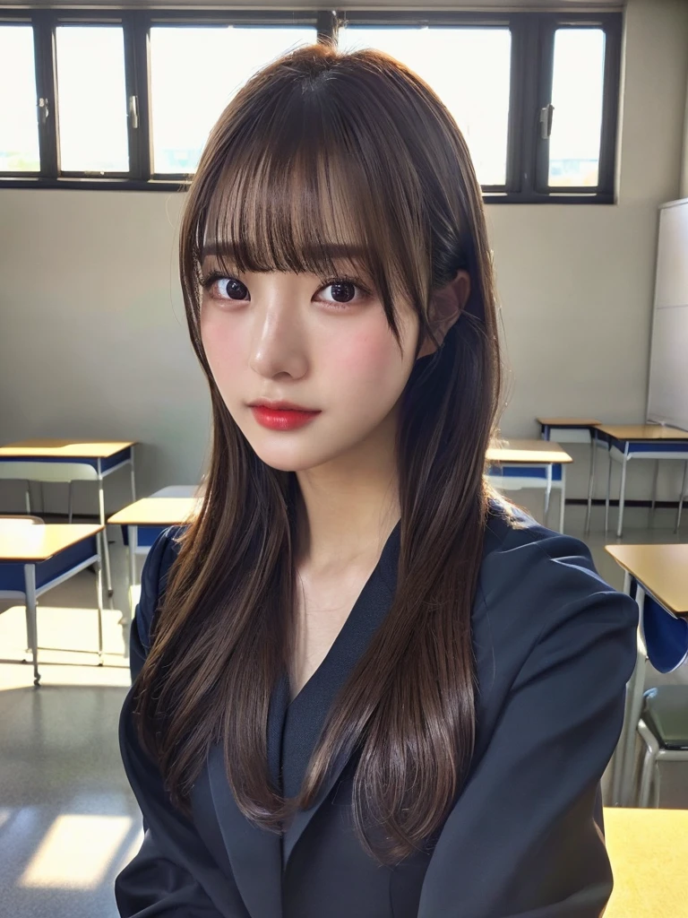 masterpiece, close-up shot of face, Front view, young beautiful japanese woman,teacher,inside the classroom, glamorous look, wearing a shiny suit。,wearing shiny black slacks, absolutely beautiful face, glossy lips, double eyelids in both eyes, natural makeup, long eyelashes, Shiny smooth light brown medium length hair, asymmetrical bangs, sunburned skin, alone in the classroom, Textbooks and notes on the desk, head frame, center image, 8K resolution, high detail, detailed hairstyle, detailed face, great cinematic lighting, octane rendering, vibrant, surreal, perfect limbs, perfect ???????