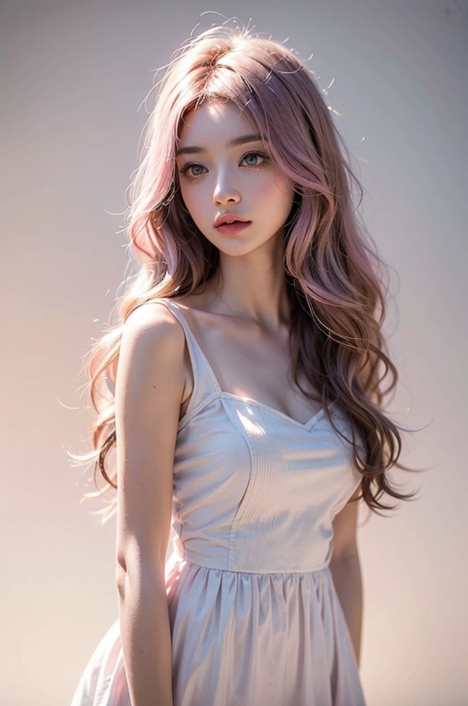 Light pink hair, Pink Eyes, Pink and white, Cherry leaves, Vibrant colors, White Dress, Paint splashes, Simple Background, Ray Tracing, Wavy Hair, Waist-length hair