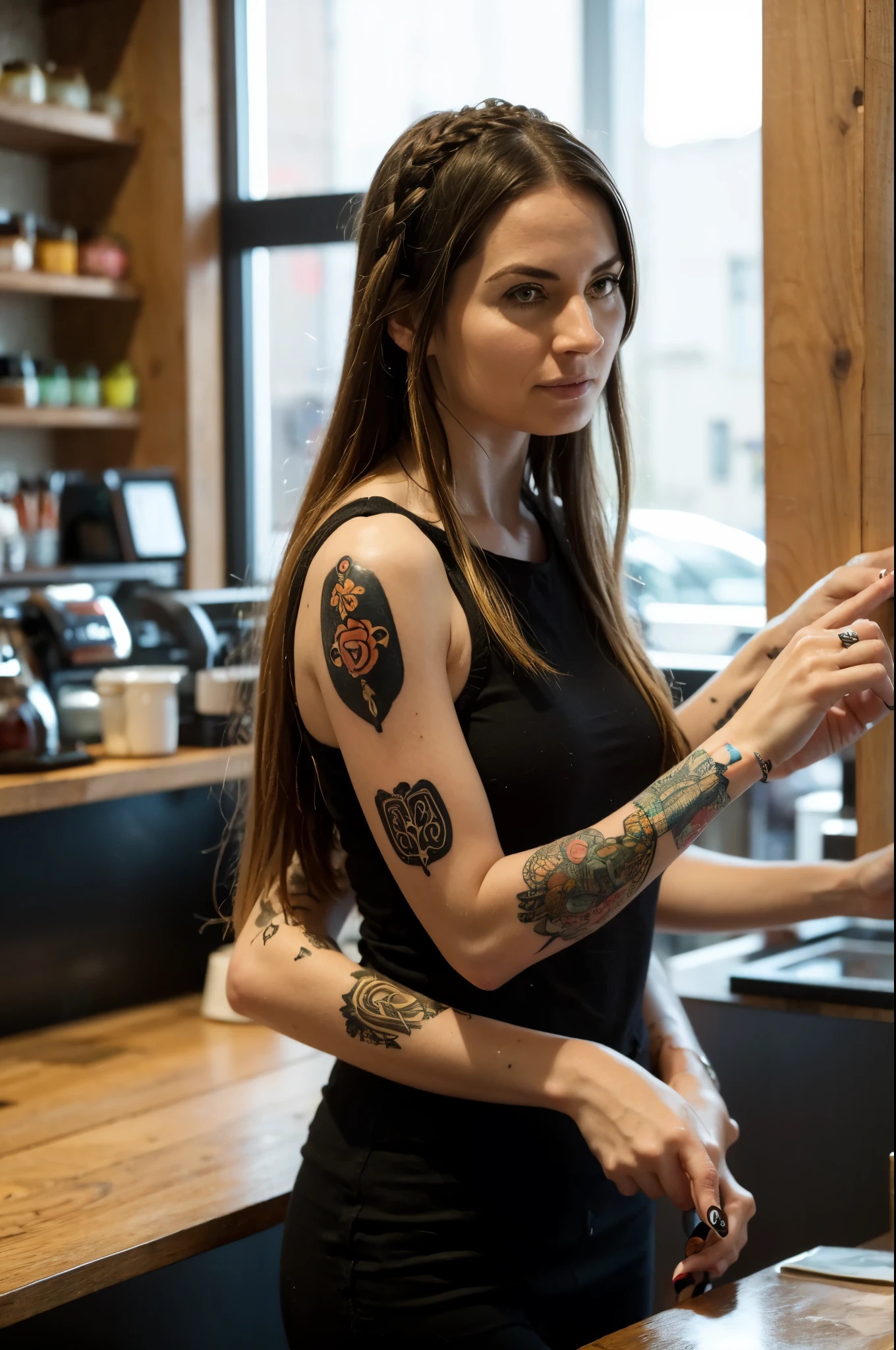 woman, age 38, hipster, German, pale skin, multicolored hair in braids, tattoos, four arms, in coffee shop,
