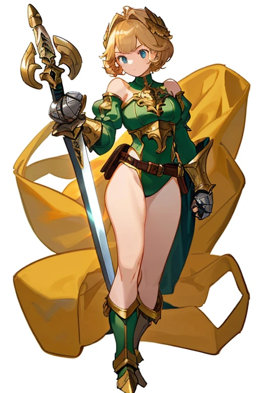 (((8k,Best Quality)),((white background)), Masterpiece, girl, holding sword, gauntlet,  full body, (cropped shoulders), ((highleg leotard)), solo, ((gauntlets)), ((greaves)), loincloth, bare shoulders,  belt pouch, long puffy sleeves, 