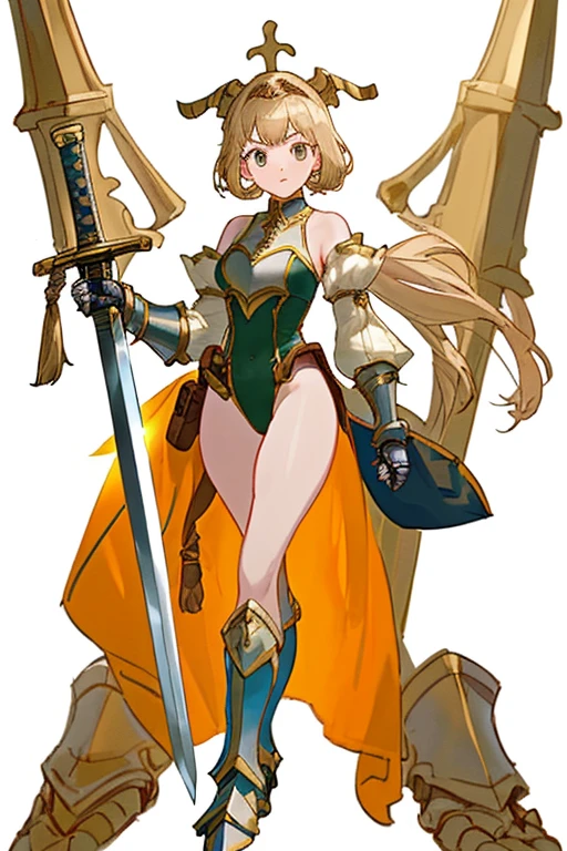 (((8k,Best Quality)), ((white background)), Masterpiece, girl, holding sword, gauntlet, full body, (cropped shoulders), ((highleg leotard)), solo, ((gauntlets)), ((greaves)), loincloth, bare shoulders, belt pouch, long puffy sleeves,