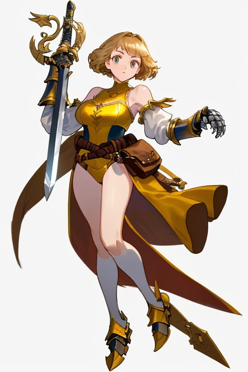(((8k,Best Quality)),((white background)), Masterpiece, girl, holding sword, gauntlet,  full body, (cropped shoulders), ((highleg leotard)), solo, ((gauntlets)), ((greaves)), loincloth, bare shoulders,  belt pouch, long puffy sleeves, 