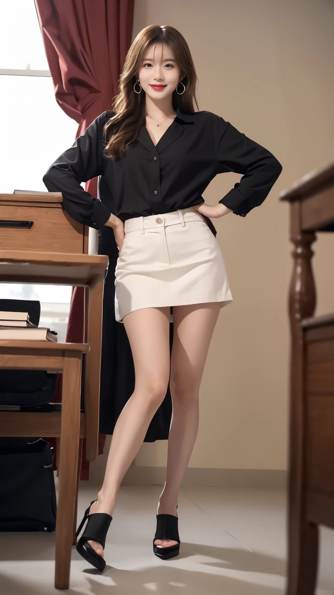 beautiful japanese woman,Photos taken by a professional photographer,Fancy makeup with red eyeshadow,double eyelid,The best smile,Delicate brown hair with short cut and side waves,big ring earrings,elegant legs,Wearing black high heels,long and thin legs, white shirt and super miniskirt, long legs, standing during class, very beautiful slim legs, とても美しいlong and thin legs, sitting at desk, Business service, beautiful feet, good hips and long legs, beautiful feet, surreal high school girl, cleavage, sitting on a black box,