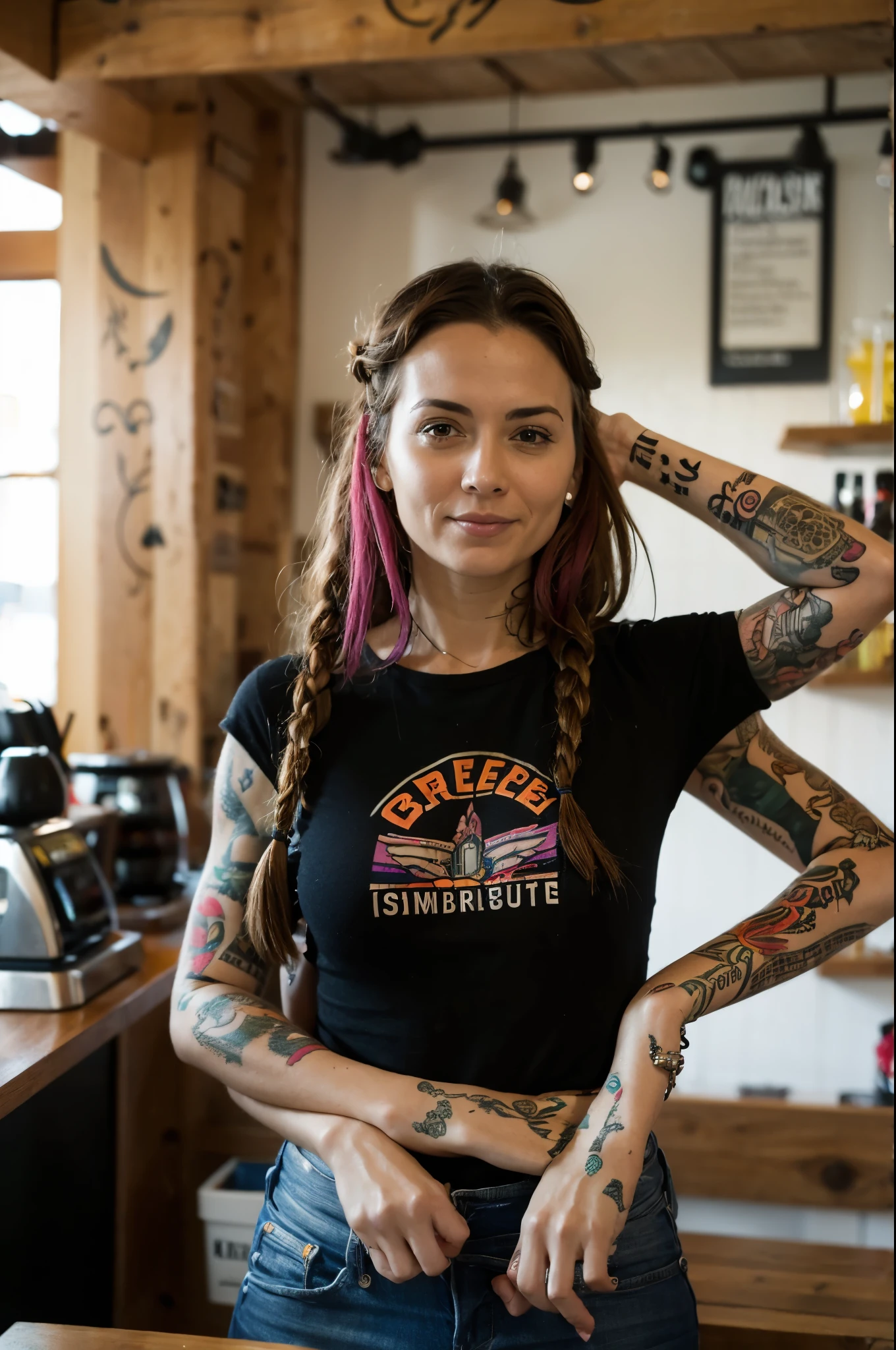 woman, age 38, hipster, German, multicolored hair in braids, tattoos, four arms, in coffee shop,