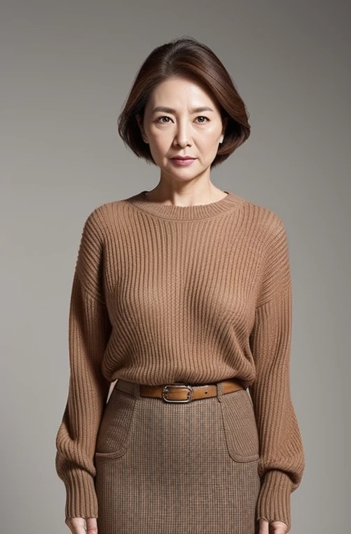 hight resolution, high-level image quality, high detailing, masterpiece, Textured skin, tre anatomically correct, sharp, greybackground((japanese mature, 75 years old)), 独奏, ((Wrinkles on the face)), large breasts with good shape, Straight light brown hair that reaches to the shoulders, chubby figure (((Stand upright, facing the center of the screen.))), Close your mouth and look straight ahead with a serious face, Sweaters, skirt by the, ((cowboy shot)),