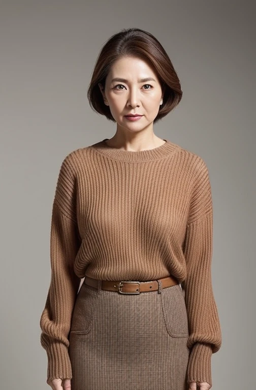 hight resolution, high-level image quality, high detailing, masterpiece, Textured skin, tre anatomically correct, sharp, greybackground((japanese mature, 75 years old)), 独奏, ((Wrinkles on the face)), large breasts with good shape, Straight light brown hair that reaches to the shoulders, chubby figure (((Stand upright, facing the center of the screen.))), Close your mouth and look straight ahead with a serious face, Sweaters, skirt by the, ((cowboy shot)),
