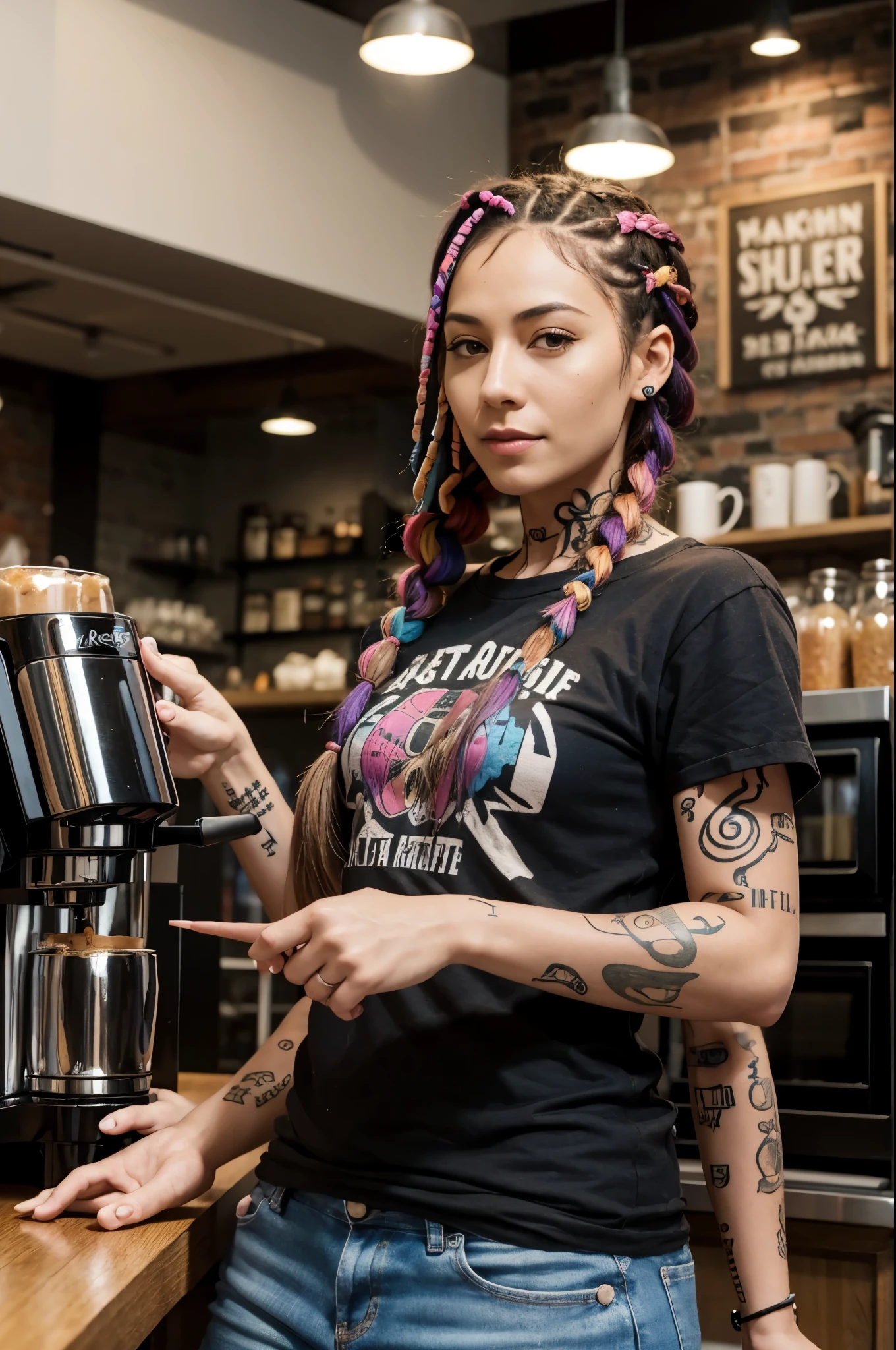 woman, age 38, hipster, multicolored hair in braids, tattoos, four arms, in coffee shop,