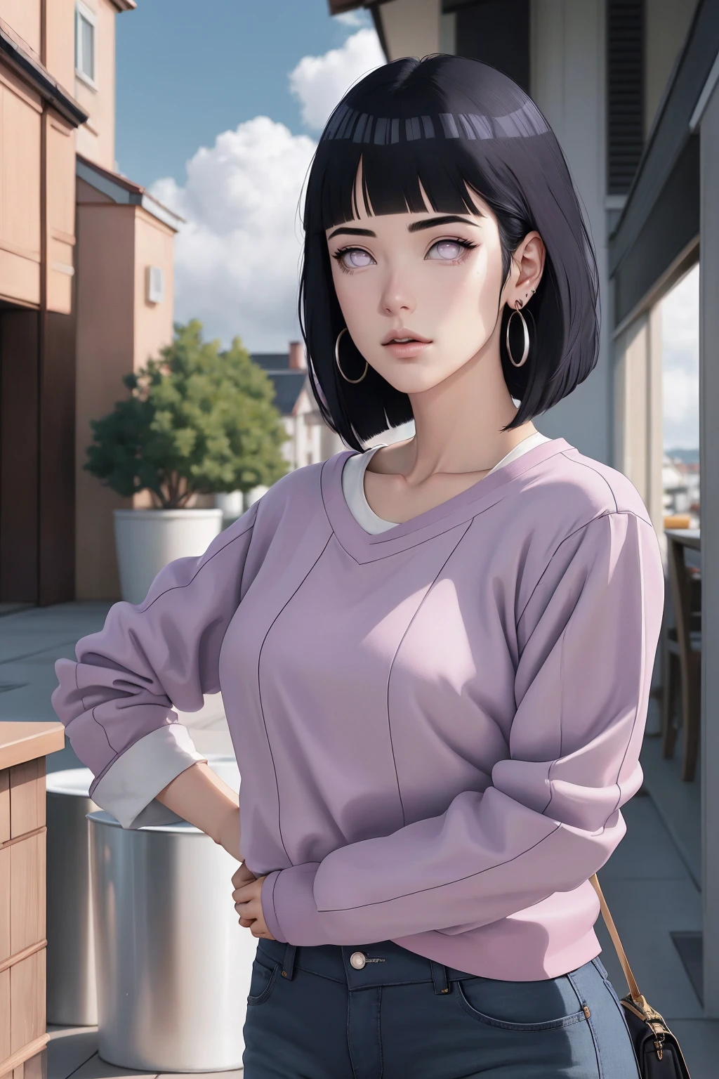 { - anatomy error} (Masterpiece - Ultra-detailed, very high resolution) , absurdos, Hinata\(Boruto\), 1girl, sozinho,Mature female, Capuz roxo,mangas em camadas, jeans, ao ar livre, Cloudy sky, perfect composition, circunstanciado lips, peito grande, beautiful face, body propotion, corar, (pink lips), cabelos pretos curto (black hair), lilac eyes, olhar suave, super realistic, circunstanciado, rosto e corpo realistas, Realistic hair, olhos realistas, nariz realista, realistic lips, with large hoop earrings, anime. reading, writing, dynamic poses, closed mouth. Different Pose.