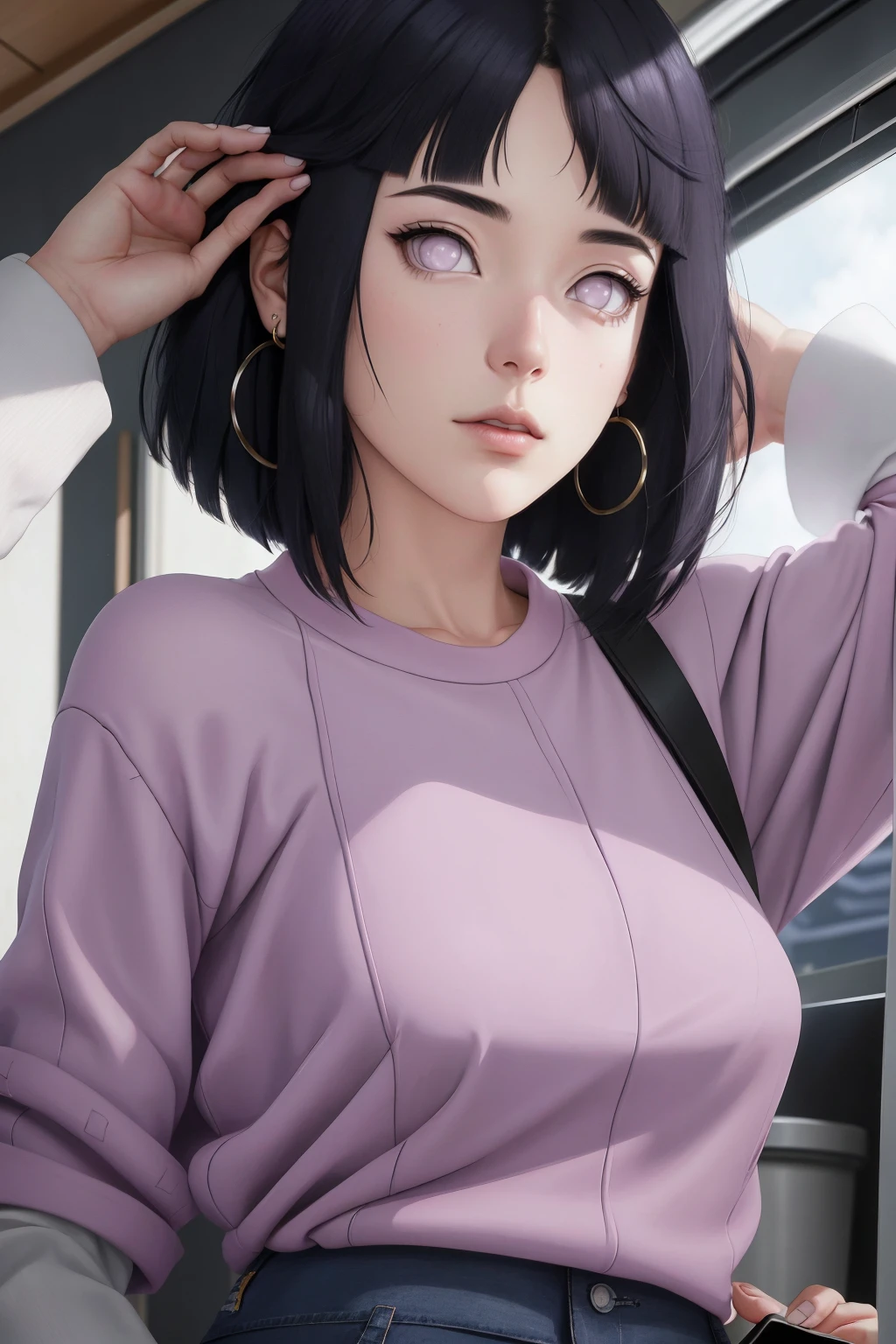 { - anatomy error} (Masterpiece - Ultra-detailed, very high resolution) , absurdos, Hinata\(Boruto\), 1girl, sozinho,Mature female, Capuz roxo,mangas em camadas, jeans, ao ar livre, Cloudy sky, perfect composition, circunstanciado lips, peito grande, beautiful face, body propotion, corar, (pink lips), cabelos pretos curto (black hair), lilac eyes, olhar suave, super realistic, circunstanciado, rosto e corpo realistas, Realistic hair, olhos realistas, nariz realista, realistic lips, with large hoop earrings,  anime. reading, writing, dynamic poses, closed mouth. Different Pose.