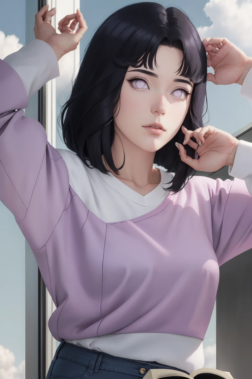 { - anatomy error} (Masterpiece - Ultra-detailed, very high resolution) , absurdos, Hinata\(Boruto\), 1girl, sozinho,Mature female, Capuz roxo,mangas em camadas, jeans, ao ar livre, Cloudy sky, perfect composition, circunstanciado lips, peito grande, beautiful face, body propotion, corar, (pink lips), cabelos pretos curto (black hair), lilac eyes, olhar suave, super realistic, circunstanciado, rosto e corpo realistas, Realistic hair, olhos realistas, nariz realista, realistic lips, with large hoop earrings, anime. reading, writing, dynamic poses, closed mouth. Different Pose.