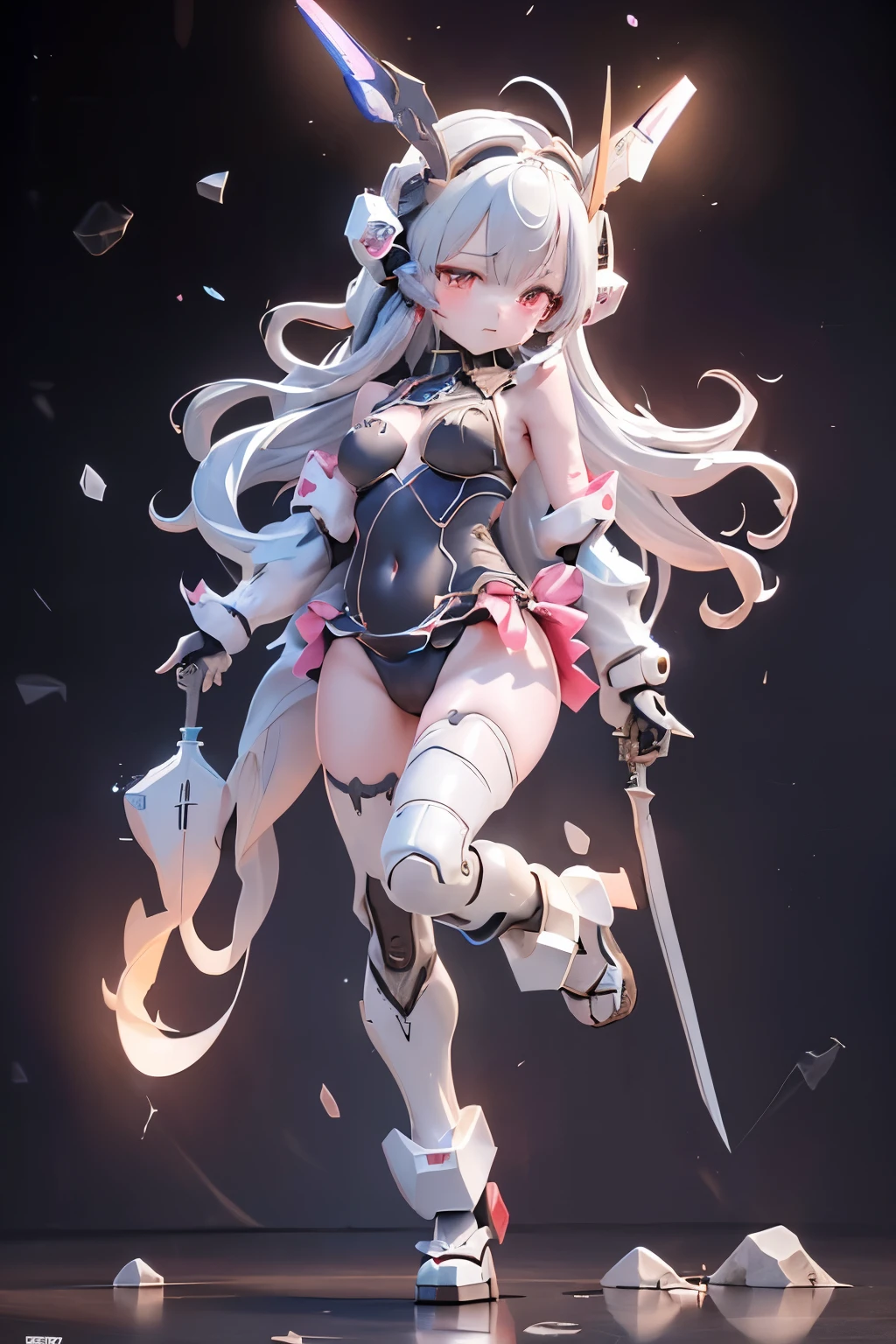 (highest quality)), ((masterpiece)), (very detailed: 1.3), 3D, (wear dark blue Old School Swimsuit under armor:1.3), 1 girl, (She is fused with futuristic Gundam mecha:1.3), with headgear, add v-fin to the forehead, armored shoulders,armored under arms, armored under legs, 2 marine thrusters attached on back, marine thrusters are symmetrical, under the calm waters of Iceland:1.2, under water, multilayer textureperfect proportions, octane rendering, duotone lighting, Low ISO, wide aperture, White balance, Rule of thirds, ultra HD16k, HDR (High Dynamic Range), Ray Tracing, NVIDIA RTX, Super Resolution, Subsurface Scattering, PBR Texturing, Post Processing, Anisotropic Filtering, Depth of Field, Maximum Clarity and Clarity, High efficiency subpixel, subpixel convolution, particles of light, light scattered, Tyndall effect, full body:1.5, battle pose, cute, (cute:1.2), (セミロング:1.3),三つ編み, 黒髪, 太い眉毛, 薄い色の虹彩, 大きくて輝いている黒い瞳, 長いまつげ, 小さく薄い色の自然な唇, (Average face of Japanese idols), (日本人特有の童顔:1.3), (baby face), 広いおでこ:1.2, ふっくらした頬, 小さな顎, looking at viewer,Focus on the eyes, (完璧な4本の指, 親指1本),