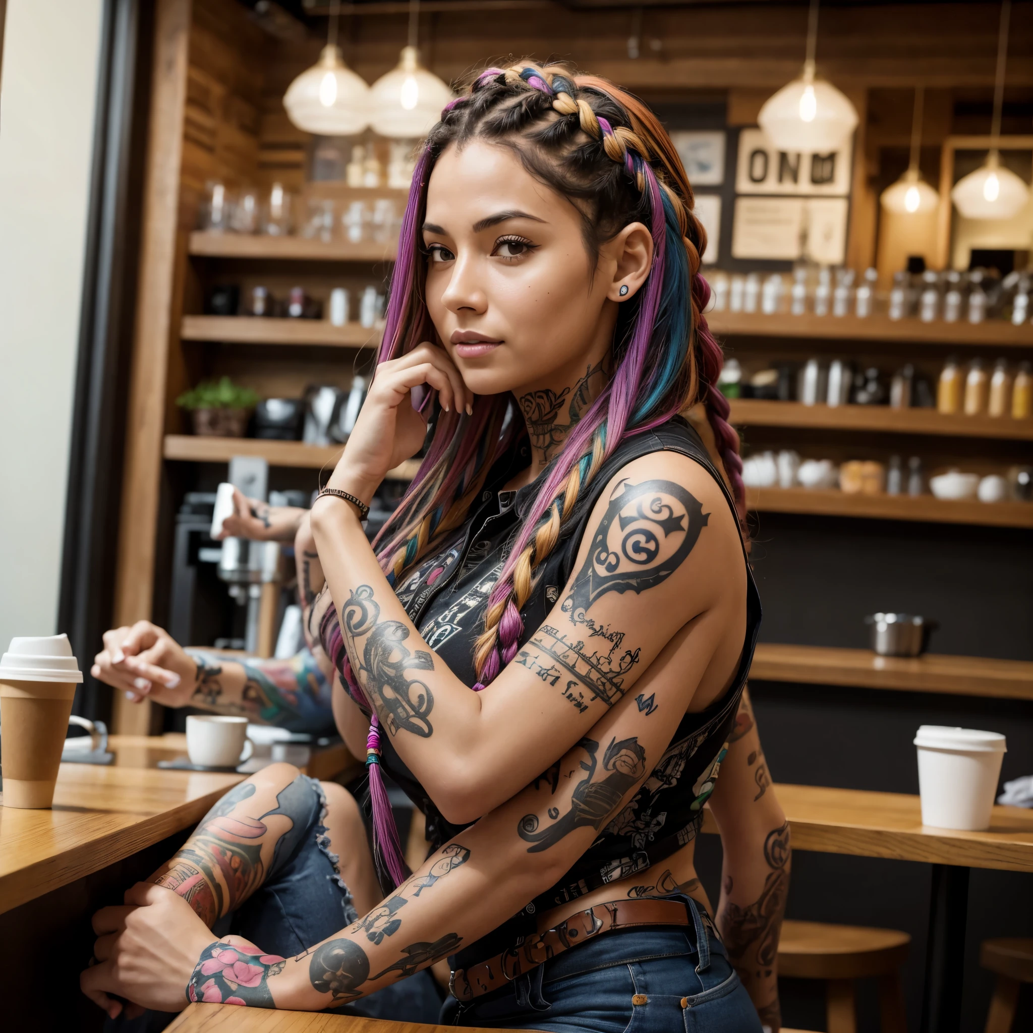 Young woman, age 38, hipster, multicolored hair in braids, tattoos, four arms, in coffee shop,