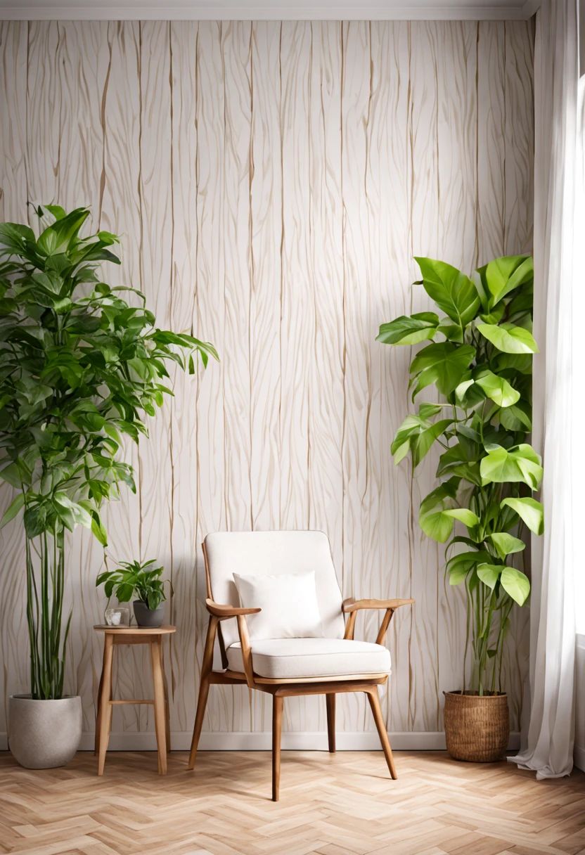 A and rustic exquisite white wood pattern wallpaper placed in front of a chair and a green plant next to it