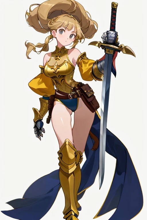 (((8k,Best Quality)), ((white background)), Masterpiece, girl, holding sword, gauntlet,  full body, (cropped shoulders), ((highleg leotard)), solo, ((gauntlets)), ((greaves)), loincloth, bare shoulders,  belt pouch, long puffy sleeves, 