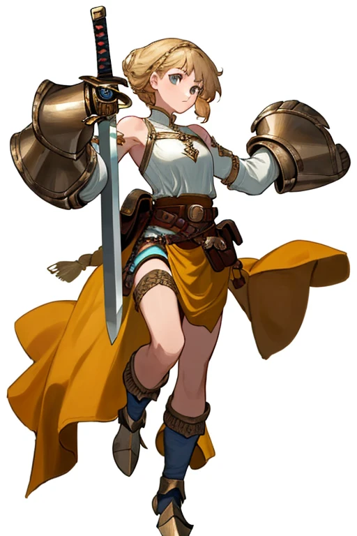 (((8k,Best Quality)), ((white background)), Masterpiece, girl, holding sword, gauntlet, full body, (cropped shoulders), solo, ((gauntlets)), loincloth, bare shoulders, belt pouch, long puffy sleeves,