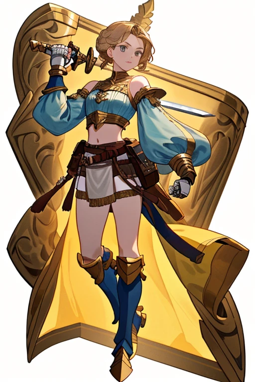 (((8k,Best Quality)), ((white background)), Masterpiece, girl, holding sword, gauntlet, full body, (cropped shoulders), solo, ((gauntlets)), loincloth, bare shoulders, belt pouch, long puffy sleeves,