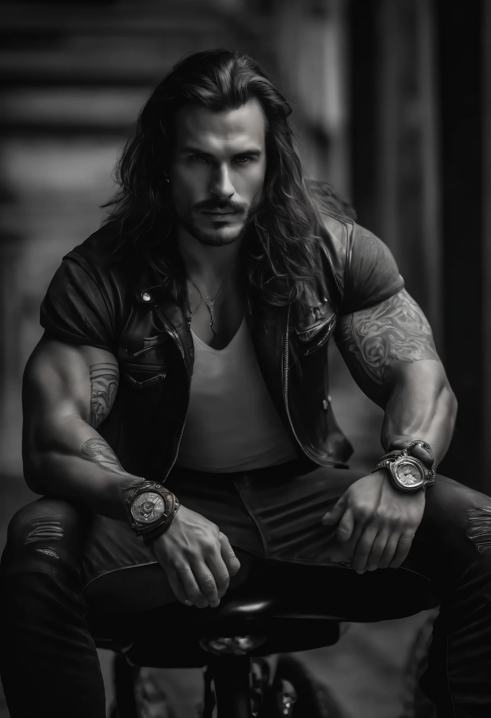 a handsome, 8k full body photo portrait of a man, badness, disheveled long hair, musculature, Detailed muscular physique, a picture, (masterpiece, top-quality, top-quality, Official art), Photorealistic depiction, INFO, tattoed, biker, Marino Katsouris greece, blue eyes, muscular man, very strong, bandana, rocker