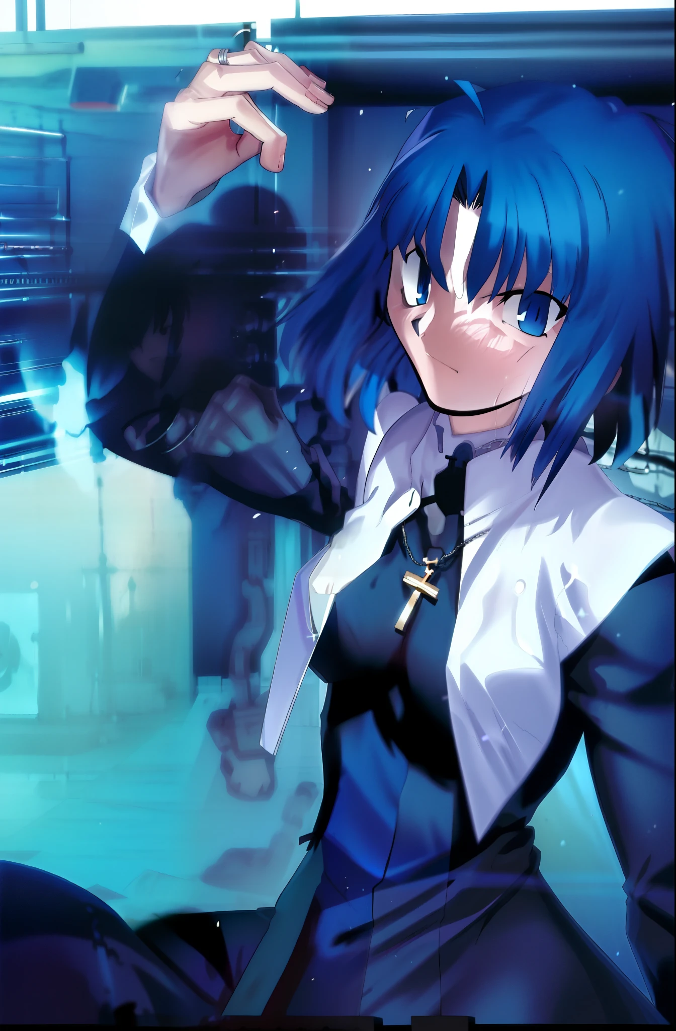 Takeuchi Takahashi, (best quality, 4k, 8k, highres,masterpiece:1.2), (ultra-detailed:1.5), ciel_(tsukihime), cowboy shot, 1girl, solo, (long sleeves black dress;1.4), chain, habit open, sad, looking at viewer, antenna hair, (ahoge:1), closed mouth, fingernails, breasts, medium breasts, cross, latin cross, cross, holding, necklace, nun, symmetrical, serious, (Shadowed:1.5), (eyebrow)