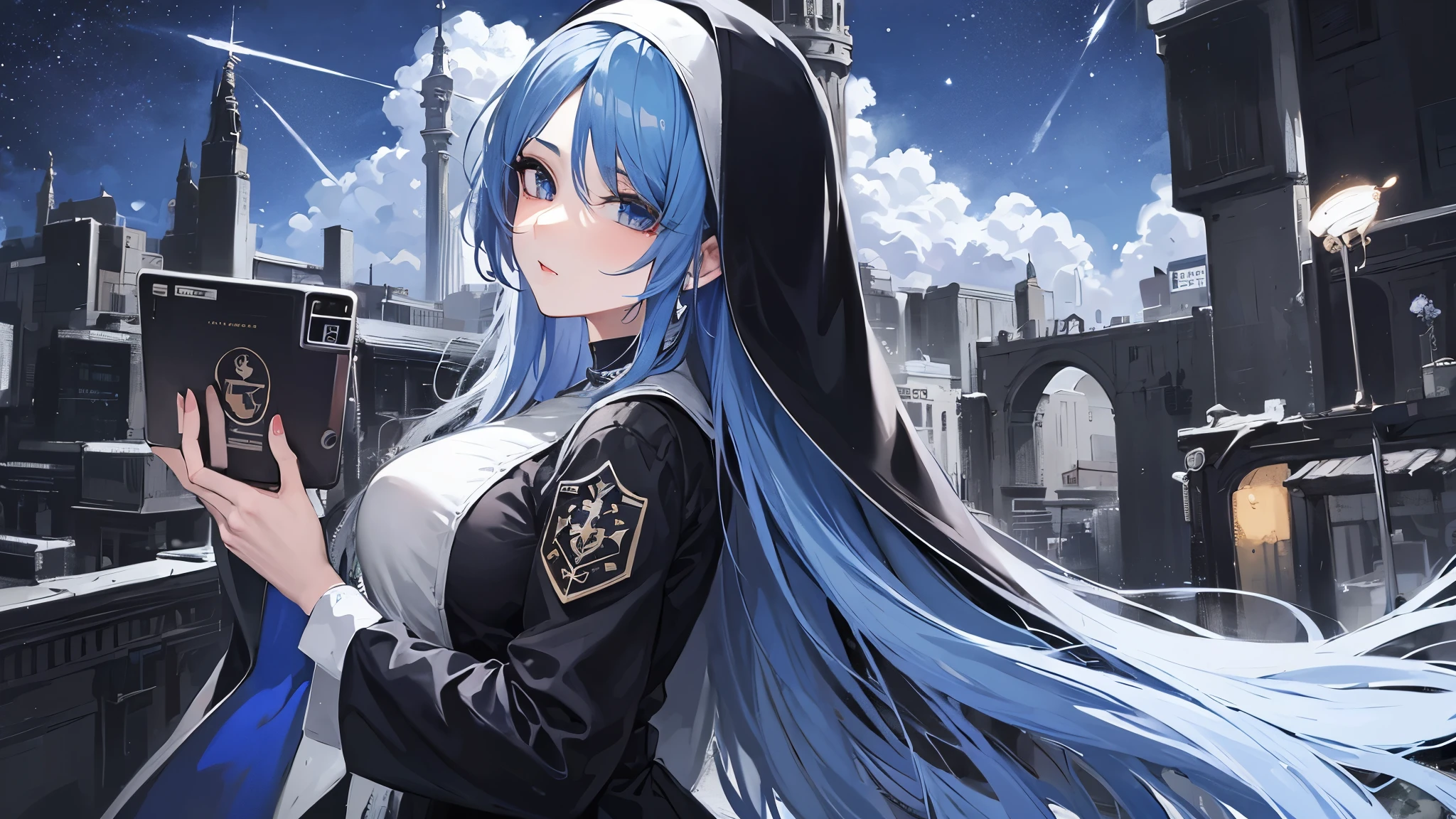 masterpiece, high definition, PERFECT FACE, anime - style image of a blue haired woman in a black nun outfit, elegant nun girl, utopia, mature and lady, smug face, from girls frontline, artwork in the style of guweiz, , background art, lighting, starry blue sky, galaxy