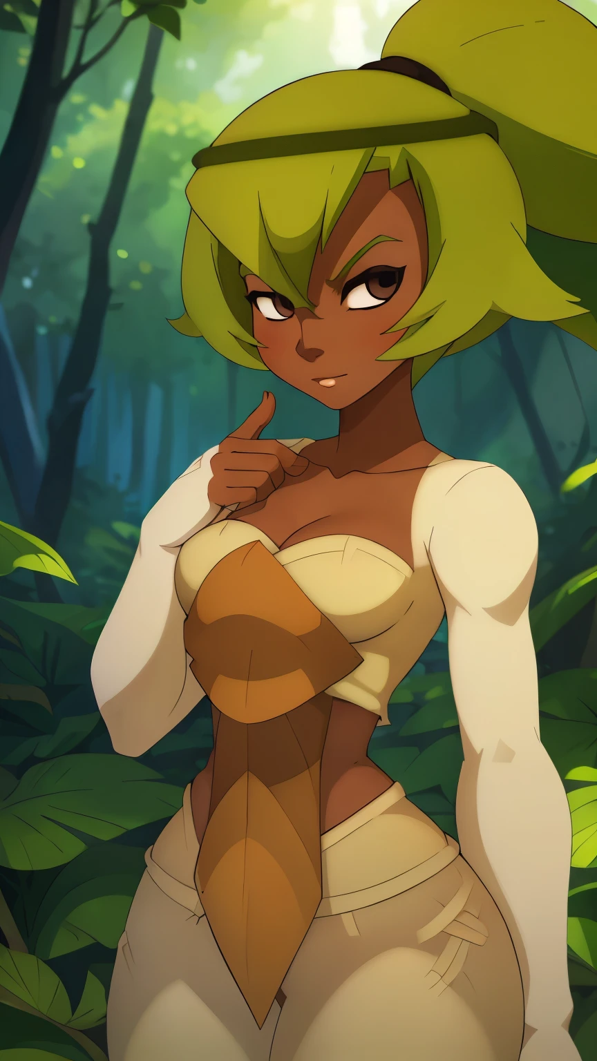 ((ultra quality)), ((masterpiece)), Amalia Sheran Sharm, Wakfu style, ((medium long green hair tied in a ponytail, has bangs)), (Beautiful face), (beautiful female lips), (), charming, ((sexy facial expression)), looks at the camera, eyes slightly open, (skin color white), (White skin), glare on the body, ((detailed beautiful female eyes)), ((dark brown eyes)), (juicy female lips), (dark eyeliner), (beautiful female hands), ((ideal female figure)), ideal female body, beautiful waist, gorgeous thighs, beautiful medium breasts, ((subtle and beautiful)), sexy worth (), (green clothes Amalia Sheran Sharm - wakfu season 3, White pants, long white gloves with open palms, Yellow top) background: the forest, ((depth of field)), ((high quality clear image)), (clear details), ((high detail)), realistically, professional photo session, ((Clear Focus)), anime