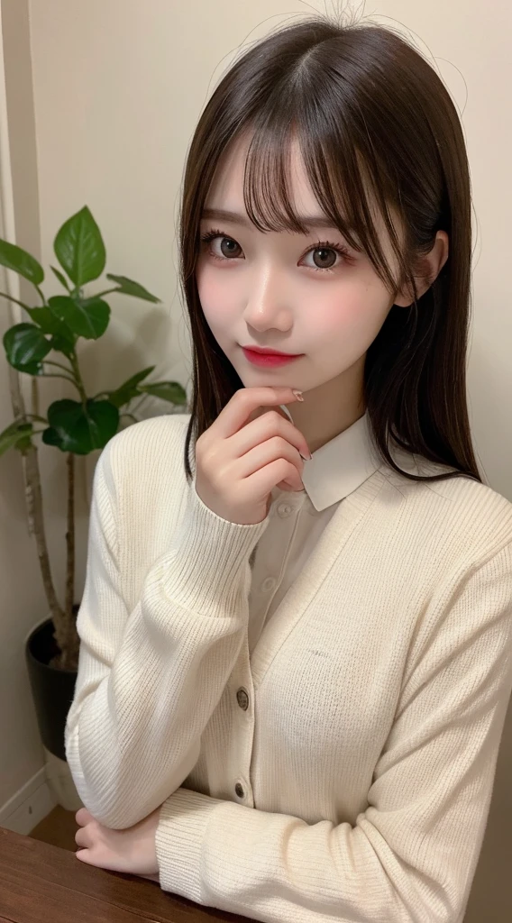table top, highest quality, figure, super detailed, finely, High resolution, 8k wallpaper, 完璧なダイナミックな構figure, In the nursery, beautiful and fine eyes,Formal uniforms,Cream cardigan, ランダムなcute髪,,natural color lip, bold sexy pose,smile、20 year old girl、cute、sexy shot looking at camera,Always blur the background,perfect and beautiful face,Take only the face,beautiful and detailed face、slim face and style,Big eyes、Do gal makeup