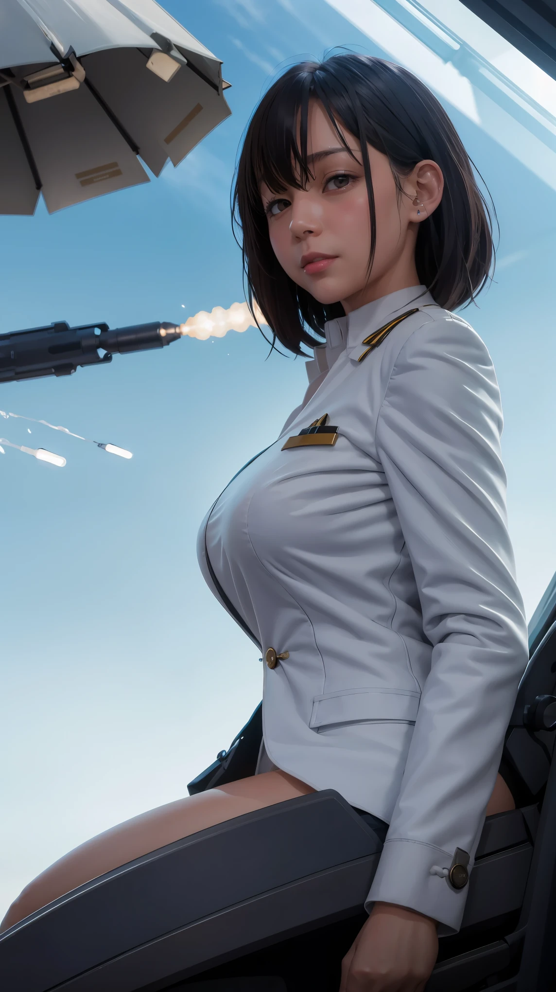 Science Fiction,Sci-Fi Movies,Artillery,Long-Range Missiles,Based on the Movie Foundation ,Woman,Adult,Protagonist,28 years old,hopeful face,brown eyes,short hairstyle,black hair with white gray, seductive scientist uniform,white researcher coat,open meadow,rebel,chaotic,future world,world of socialism,snow,chaos, big breasts, slender body