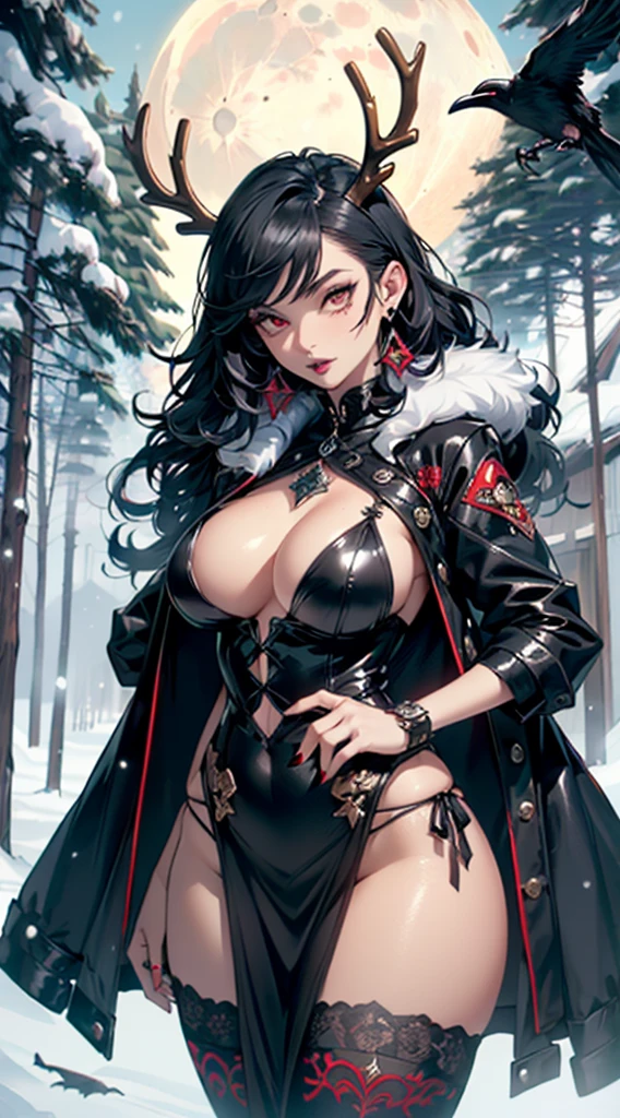 gothic reindeer girl,(((1girl))),((extremely cute and beautiful black haired anime gothic reindeer girl)),
(((anthro furry:1.2), Playboy_Reindeer, reindeer_antlers,(huge antlers:1.2),)),(large breasts:1.4),saggy breasts,((((black curly hair:1.35,medium hair,colored inner hair,ear breathing)))),(((red eyes:1.3))),intricate eyes,beautiful detailed eyes,symmetrical eyes,big eyes:1.5,((fat)),(((lustrous skin:1.5,bright skin: 1.5,skin tanned,shiny skin,very shiny skin,shiny body,plastic glitter skin,exaggerated shiny skin,illuminated skin))),(spider lower abdomen,narrow waist,wide hip,athletic body,inflated legs,delicate detailed fingers,detailed body,detailed arms,human hands,(detailed face)),
cute,slutty,seductive,erotic,(((nsfw))),
zettai ryouiki,revealing clothing,show skin,(((Sexy goth fur coat, goth fur coat outfit, wearing a goth fur coat:1.3,dark red winter coat))),((red goth mini-skirt,red goth mini skirt with furry edge,visible thong straps)),(red gothic clothes,semi-naked,with little goth clothing),((((Black Eyeshadow,Thick Black Eyeliner,Long Dramatic Eyelashes,Black Lips,moon Accessories,ravens ornaments)))),((ravens on her clothes)),(((intricate outfit,intricate clothes,embroidered outfit,ornate outfit))),
(dynamic pose:1.0),embarrassed,(centered,scale to fit dimensions,Rule of thirds),
((snowy pine forest at night)), with dark stormy clouds,winter,scenery:1.25,((snow forest background)),Christmas tree,
highres,sharp focus,(ultra detailed,extremely detailed),(photorealistic artwork:1.37),(extremely detailed CG unity 8k wallpaper),(((vibrant colors,vibrant theme))),(intricate),(masterpiece),(best quality),