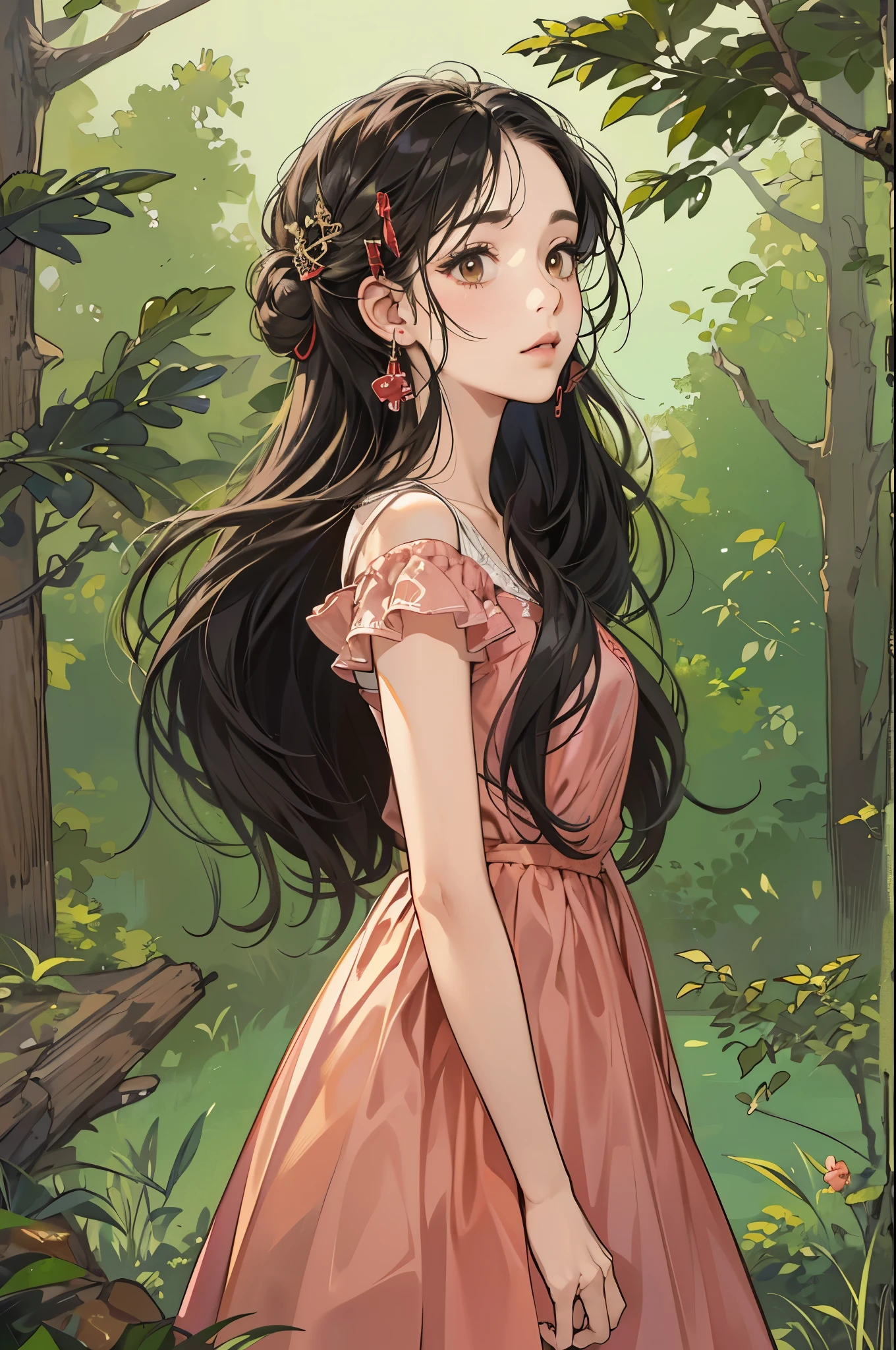 (absurdres, highres, ultra detailed, realistic, ), 1 18year-old,girl, solo, elegance, long black hair, long dress,brown eyes, earphone,forest background, ultra - detailed, best quality, Detailed diagram, vectorized, 8K, Graphic design, vector lines, Full-HD,full body
