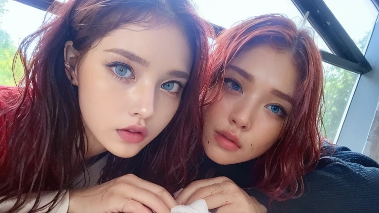 4 Beautiful handsome woman, ((top quality, 8k, masterpiece:1.retty woman, 1woman, huge breasts:1.3, slender figure:1.1, elastic red long hair, (shower, wet body, wet clothes:1.1), very detailed face, detailed lips, detailed eyes, double eyelids, detailed blue eyes, extremely detailed outstanding blue eyes, red wet hair, red wet hair, detailed outstanding BLUE EYES, innocent stare at the viewer, extremely wet wavy red hair, detailed outstanding BLUE EYES, raining outside