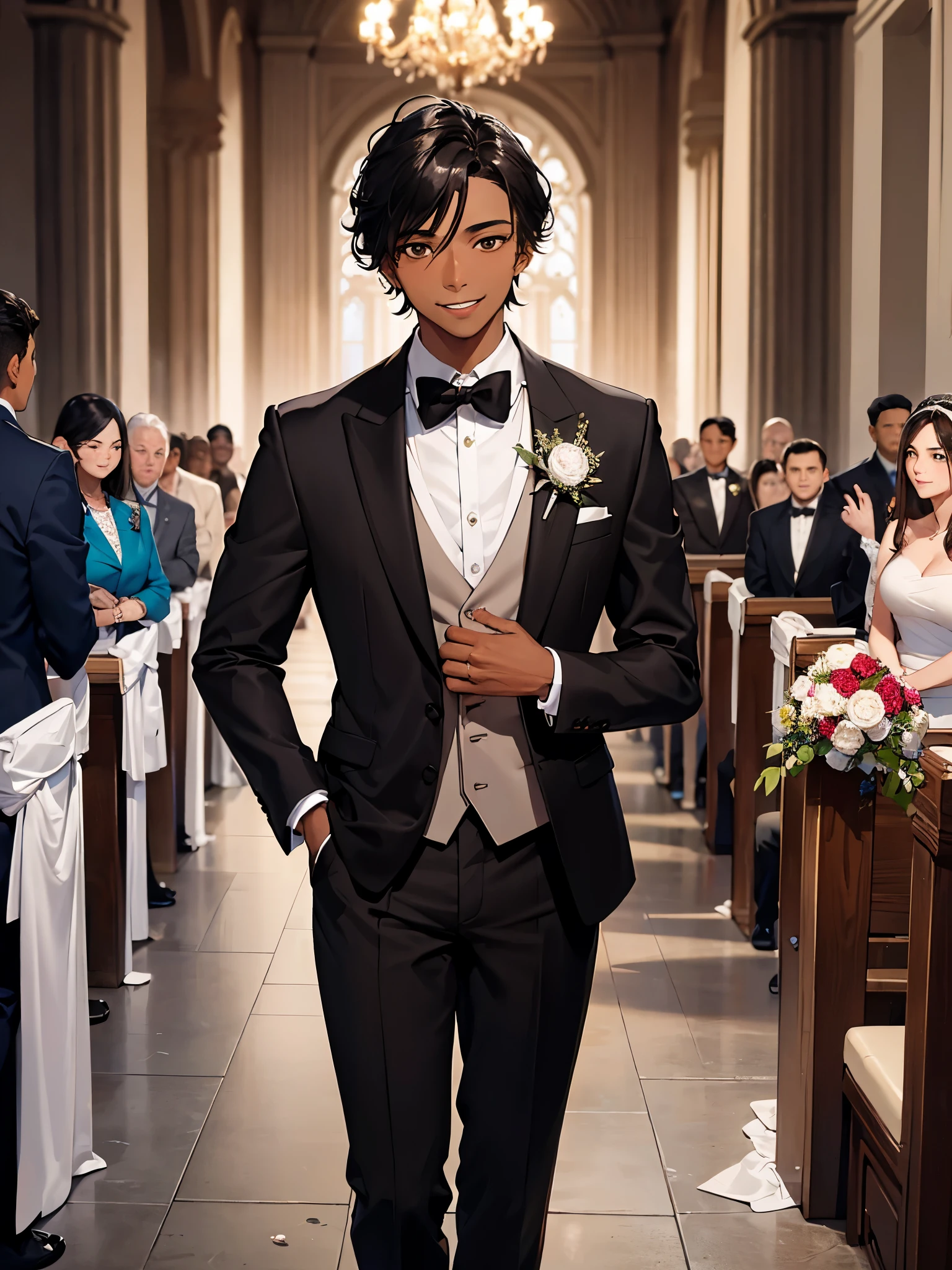 (masterpiece, best quality), best resolution, young man, groom, black hair, brown eyes, dark skin, smiling, wedding tuxedo, standing at the altar, awaiting the bride, outdoor wedding