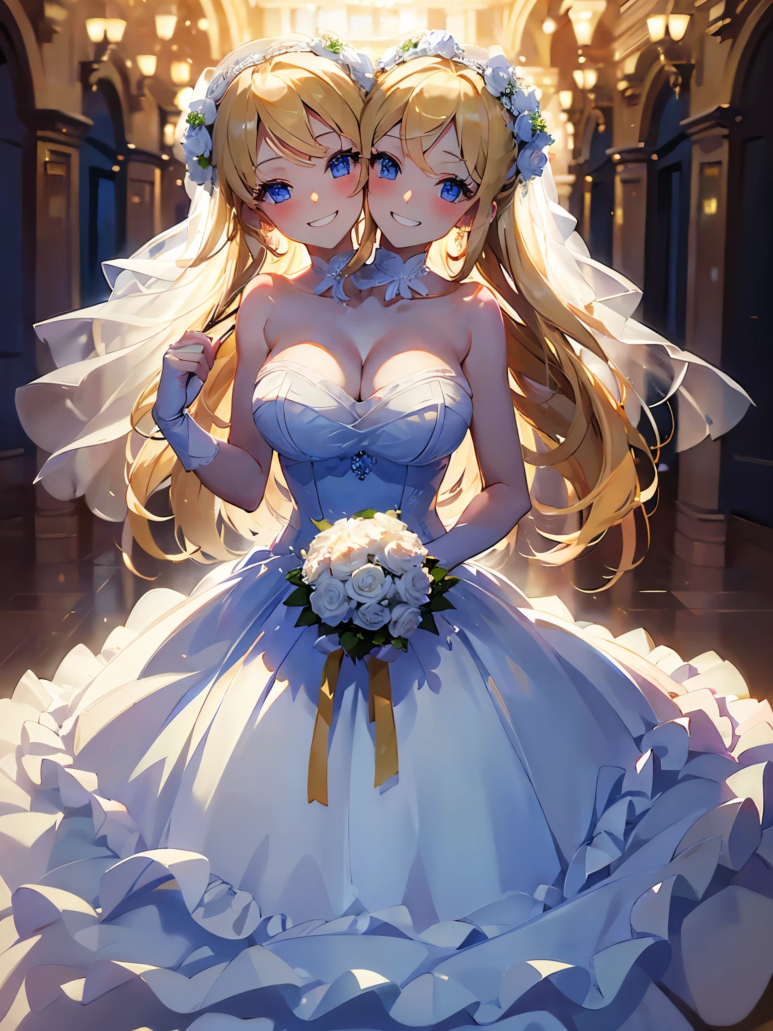 (masterpiece, best quality), best resolution, (2heads:1.5), young woman, bride, blond hair, blue eyes, grinning, wedding dress holding a bouquet, outdoor wedding