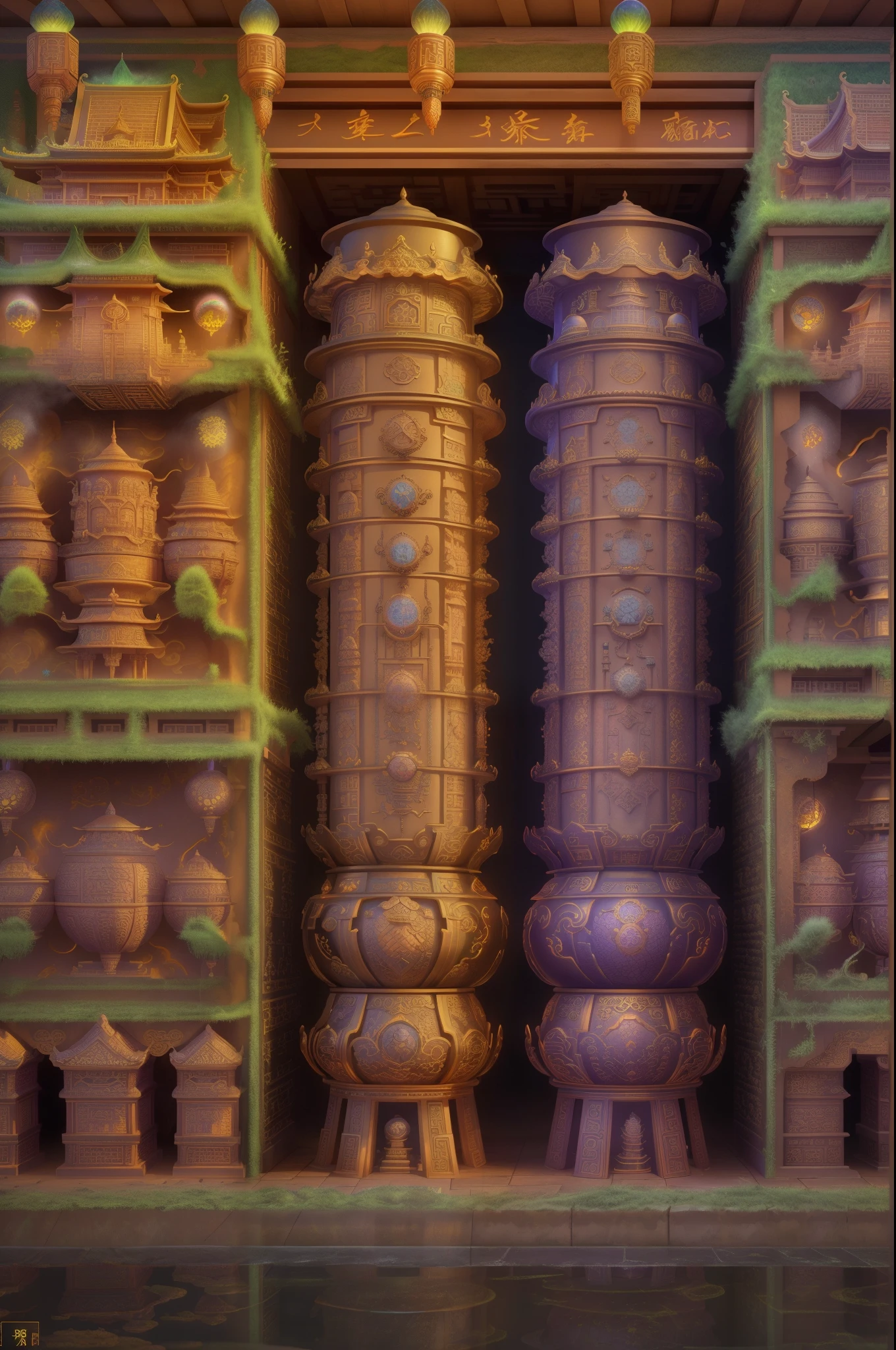Intricate underground palace,mechanisms,ingenious design,ornate decorations,everlasting flames,myriad of burial objects,mysterious creatures,maze of the dragon's tomb,Qin Shi Huang's mausoleum,Terracotta Army,Mercury river,levitating palace,(best quality,4k,8k,highres,masterpiece:1.2),ultra-detailed,(realistic,photorealistic,photo-realistic:1.37),HDR,UHD,studio lighting,ultra-fine painting,sharp focus,physically-based rendering,extreme detail description,professional,vivid colors,bokeh,landscape,wispy color tones,warm lighting