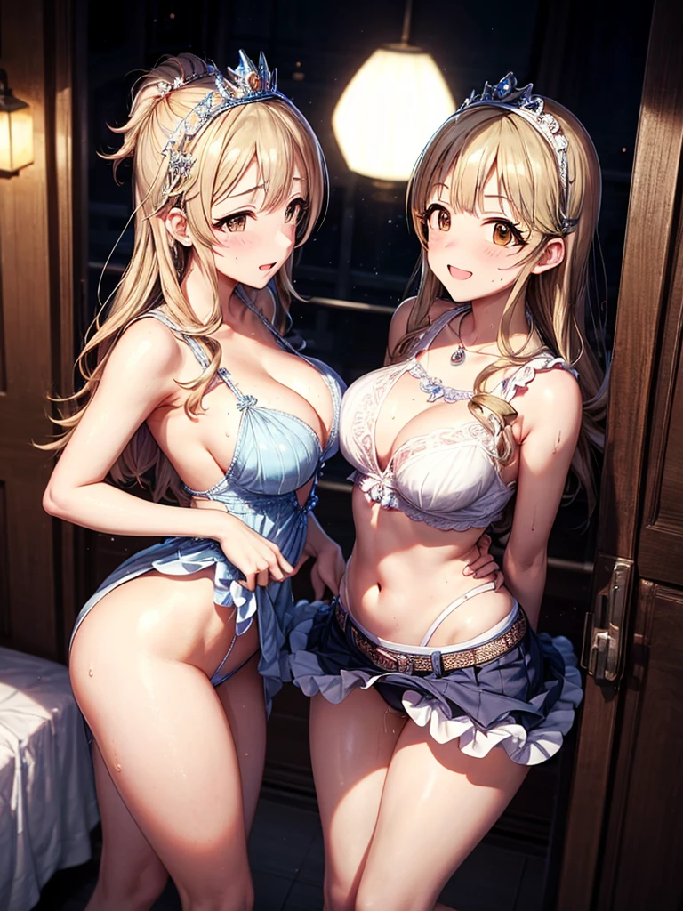 hight resolution, top-quality, ultra-quality, The ultra-detailliert, lighting like a movie、full of sweat、Wearing sweat、(((sexy idolmaster cinderella girls princess)))、、、(My whole body is sweaty、after sex、show off your pussy、not wearing underwear、accurate anatomy、 on body、beautiful nipples)、Obscene atmosphere、Front Camera Angle
