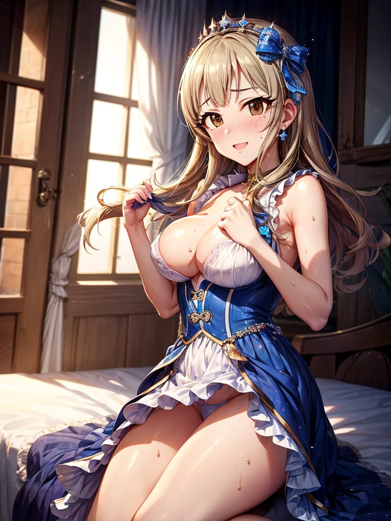 hight resolution, top-quality, ultra-quality, The ultra-detailliert, lighting like a movie、full of sweat、Wearing sweat、(((sexy idolmaster cinderella girls princess)))、、、(My whole body is sweaty、after sex、show off your pussy、not wearing underwear、accurate anatomy、 on body、beautiful nipples)、Obscene atmosphere、Front Camera Angle