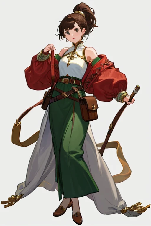 (((8k,Best Quality)), ((white background)), Masterpiece, girl, full body, (cropped shoulders), solo, bare shoulders, belt pouch, fantasy cloth,
