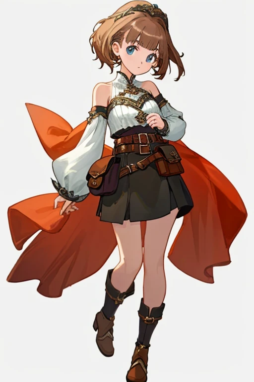 (((8k,Best Quality)), ((white background)), Masterpiece, girl, full body, (cropped shoulders), solo, bare shoulders, belt pouch, fantasy outfit,