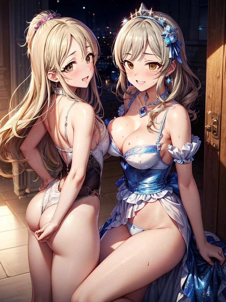 hight resolution, top-quality, ultra-quality, The ultra-detailliert, lighting like a movie、full of sweat、Wearing sweat、(((sexy idolmaster cinderella girls princess)))、、、(My whole body is sweaty、after sex、show off your pussy、not wearing underwear、accurate anatomy、 on body、beautiful nipples)、Obscene atmosphere、Front Camera Angle