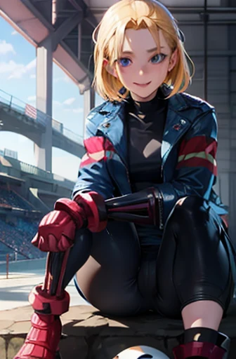 Cammy SF, pants, pants, Jacket, play sports often, short hair, sitting, highest quality, masterpiece, High resolution,view audience,smile