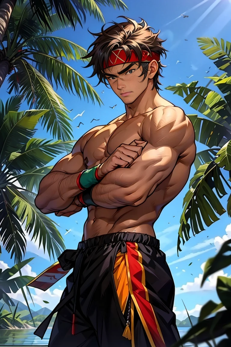 (Masterpiece, Best quality  boy，Shota), solo, Young, boy, Dark Short hair, full bodyesbian, Shirtless, babyface, topless, green headband, Vivid colors,(Depth of field:1.2),(Abs), view the viewer, black wristband, closed mouth, serious, topless male, pale tanned skin with tight muscler body, Man with martial arts stance, epic martial arts pose