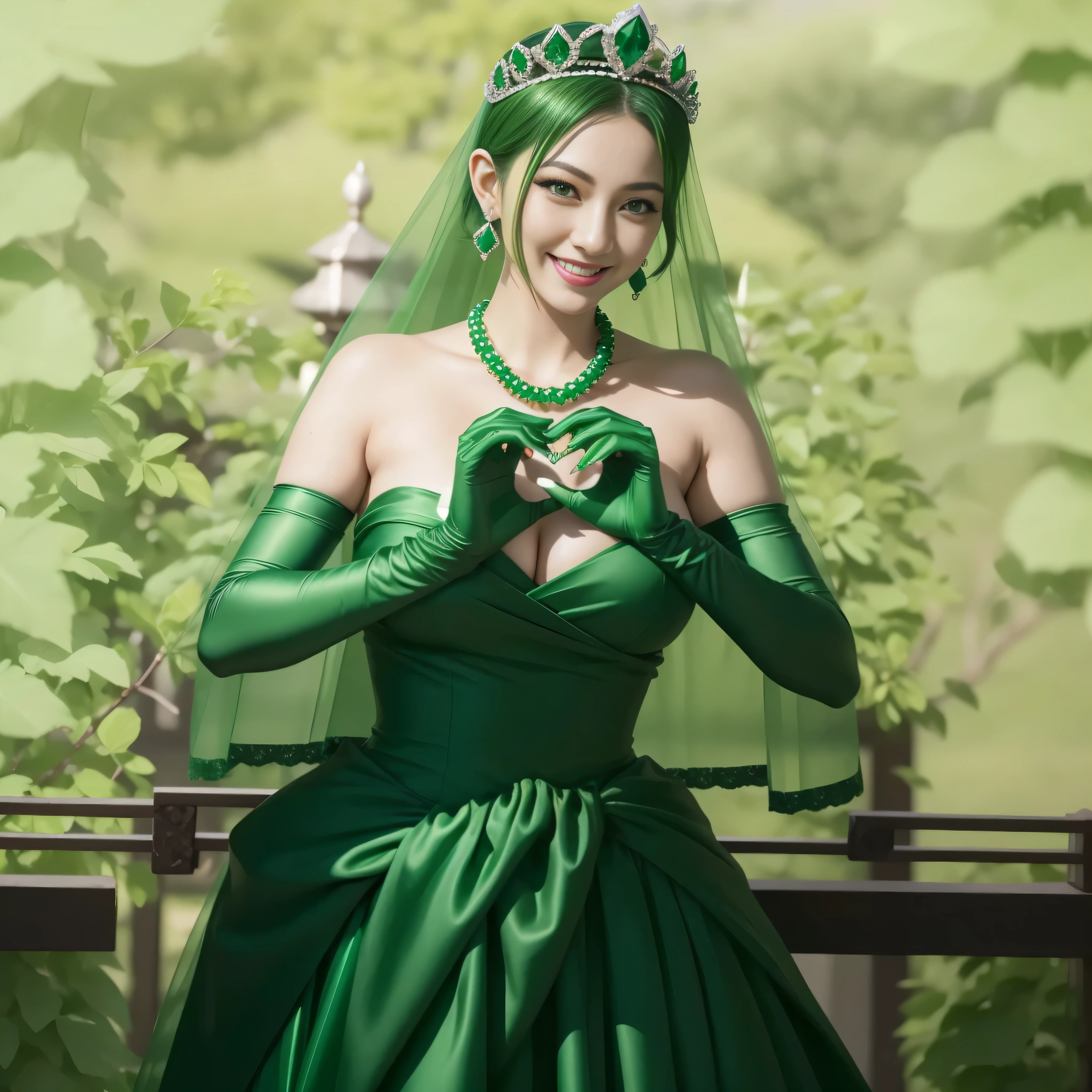 emerald tiara, green pearl necklace, ボーイッシュな非常に短いgreen hair, lipstick, smiling Japanese woman, very short hair,  Beauty with large breasts, green eyes, Long Green Satin Gloves, green eyes, emerald earrings, green veil,heart hand, green hair