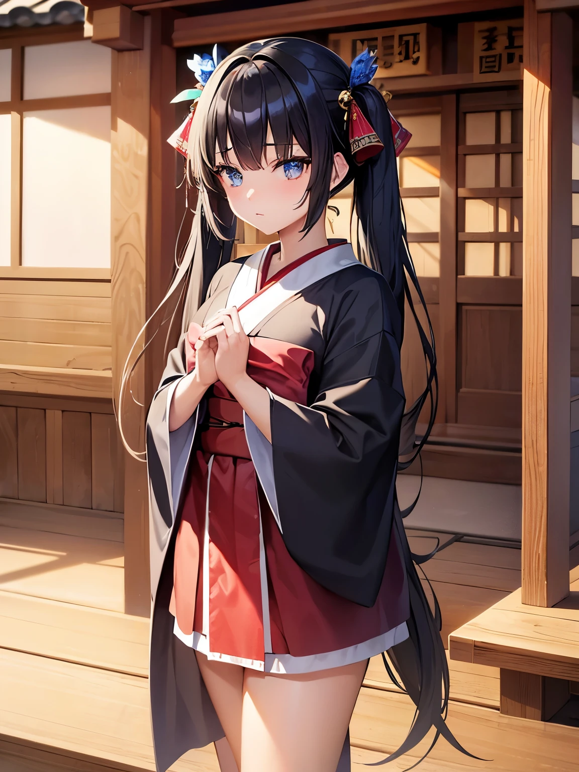 (highest quality), (masterpiece), 1080P, HD, 4K, 8K, beautiful girl, 18-year-old, black hair, twin tails, shrine maiden costume, clean hands, can&#39;t believe it, eyes like jewels, 長いblack hair, blue eyes, long eyelashes,  I&#39;m at a shrine, fine