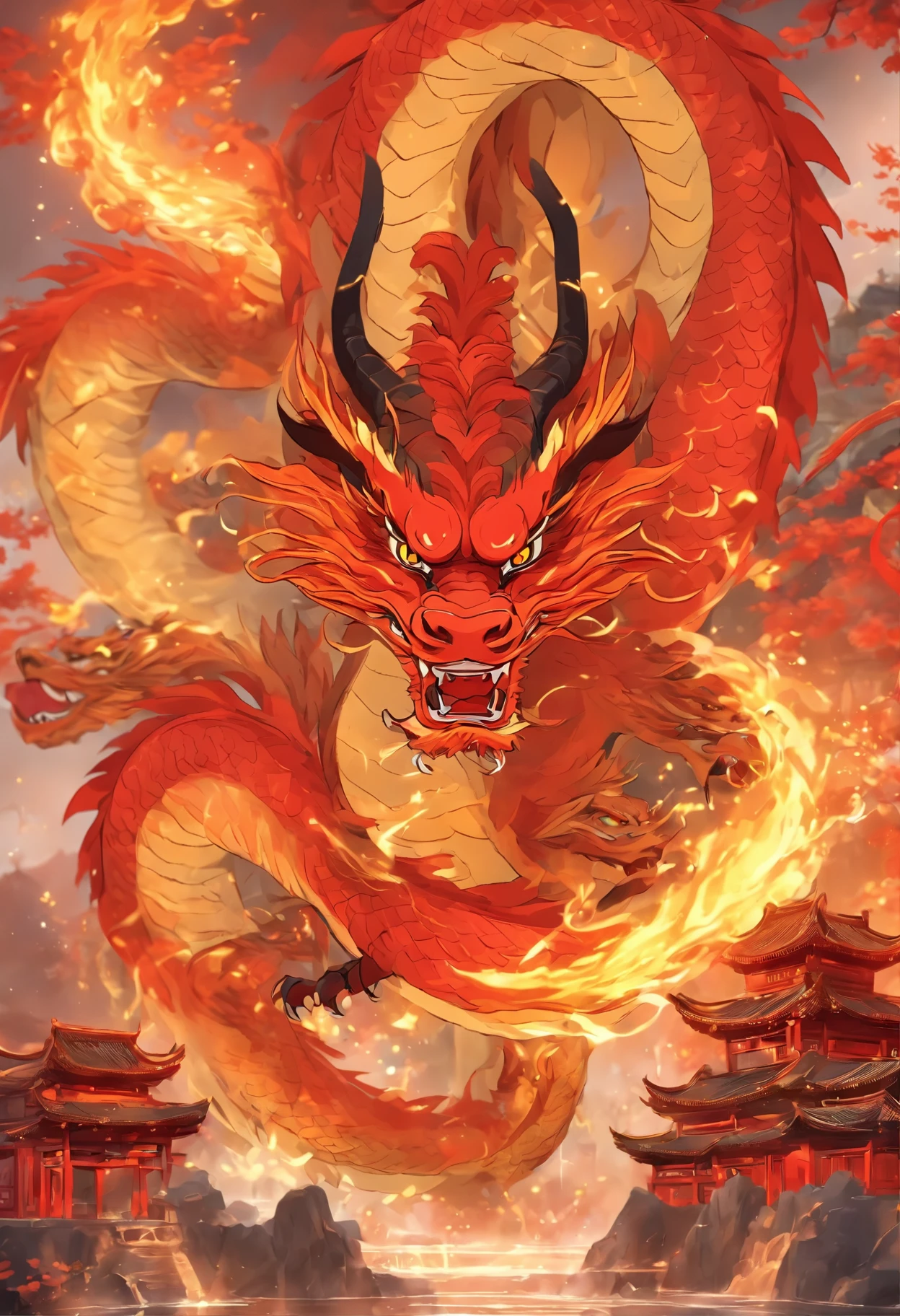 chinesedragon,Traditional Chinese culture,levitating,meander,Red tone,tmasterpiece,4K