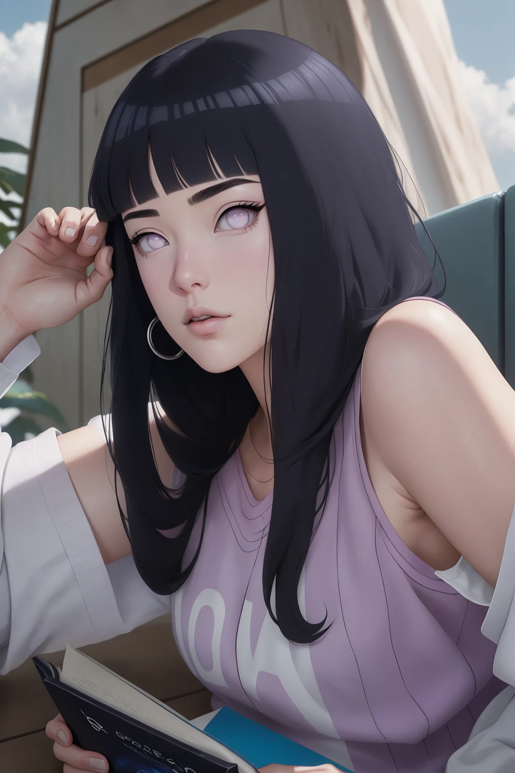 { - anatomy error} (Masterpiece - Ultra-detailed, very high resolution) , absurdos, Hinata\(Boruto\), 1girl, sozinho,Mature female, Capuz roxo,mangas em camadas, jeans, ao ar livre, Cloudy sky, perfect composition, circunstanciado lips, peito grande, beautiful face, body propotion, corar, (pink lips), cabelos pretos curto (black hair), lilac eyes, olhar suave, super realistic, circunstanciado, rosto e corpo realistas, Realistic hair, olhos realistas, nariz realista, realistic lips, with large hoop earrings,  anime. reading, writing, dynamic poses, closed mouth. Different Pose.