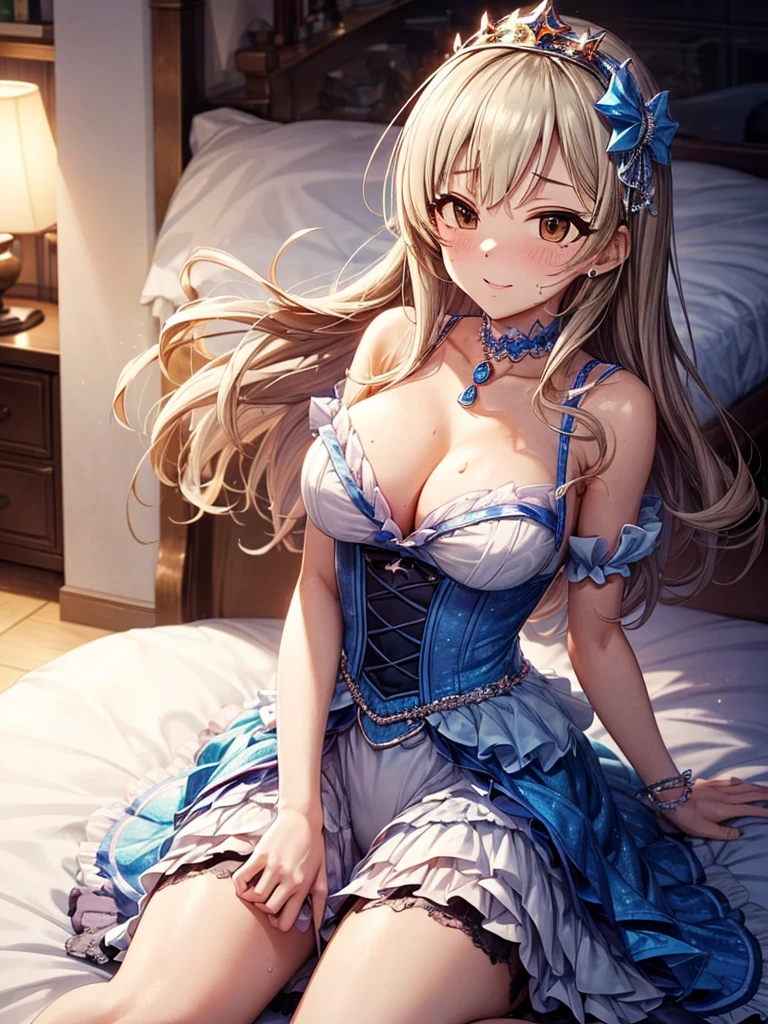 hight resolution, top-quality, ultra-quality, The ultra-detailliert, lighting like a movie、full of sweat、Wearing sweat、((((sexy idolmaster cinderella girls princess))))、、、(My whole body is sweaty、after sex、show off your pussy、not wearing underwear、accurate anatomy、 on body、beautiful nipples)、Obscene atmosphere、Front Camera Angle